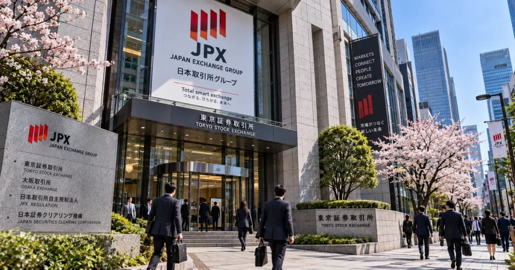 Japan nikkei 225: the complete guide to the nikkei stock average, methodology, and market structure Exterior architectural photograph of the japan exchange group building in nihonbashi tokyo under clear morning skies.