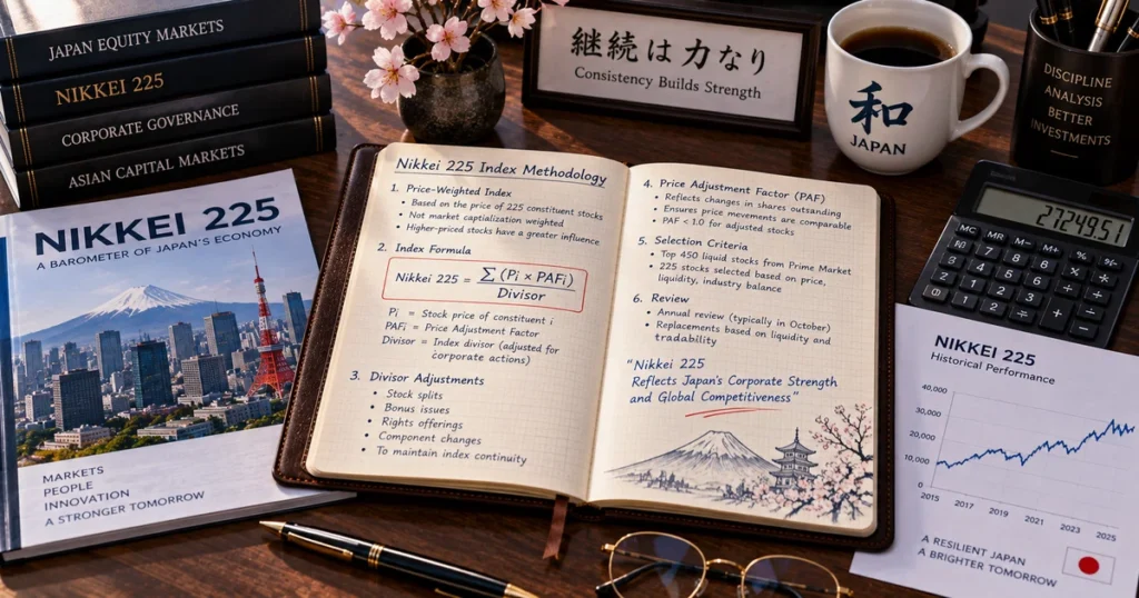 Japan nikkei 225: the complete guide to the nikkei stock average, methodology, and market structure Executive dark wood desk featuring an open leather notebook with handwritten notes on nikkei price-weighting, divisor formulas, and paf factors.