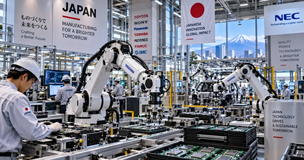 Japan nikkei 225: the complete guide to the nikkei stock average, methodology, and market structure Industrial panoramic photograph of advanced precision manufacturing robotic arms assembling electronic components inside a japanese production facility.