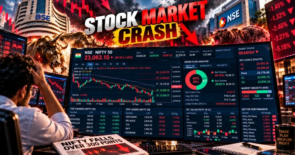 Stock market crash: why did the market fall? Sensex drops 1,248 points as nifty slides below 23,100 Quantitative chart of nifty 50 showing intraday vwap levels, institutional pivot points, and sell-side volume distribution during a stock market crash.