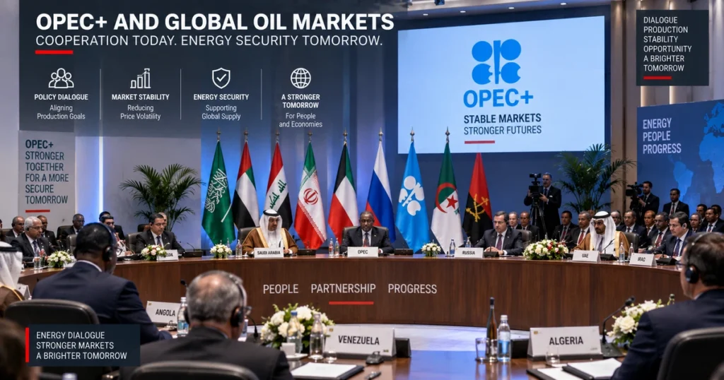 Crude oil: the complete guide to global benchmarks, pricing mechanics, and geopolitics Diplomatic ministerial conference hall with executive delegations discussing global crude oil production quotas and energy policy.