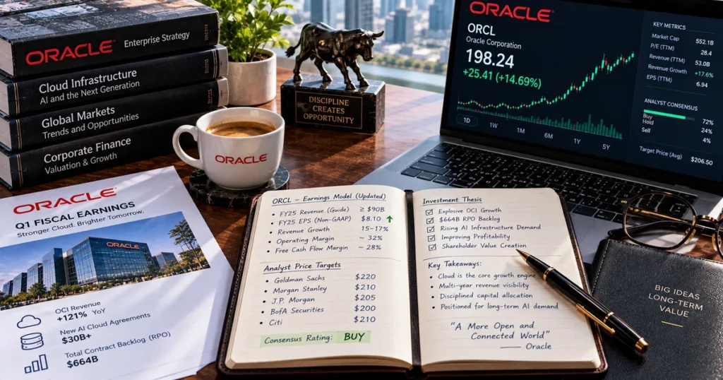 Orcl stock surges 7%: 121% cloud jump & record $664b backlog fuel q1 beat Top-down executive desk still life featuring an open leather notebook with handwritten financial guidance projections, fountain pen, and reading glasses.