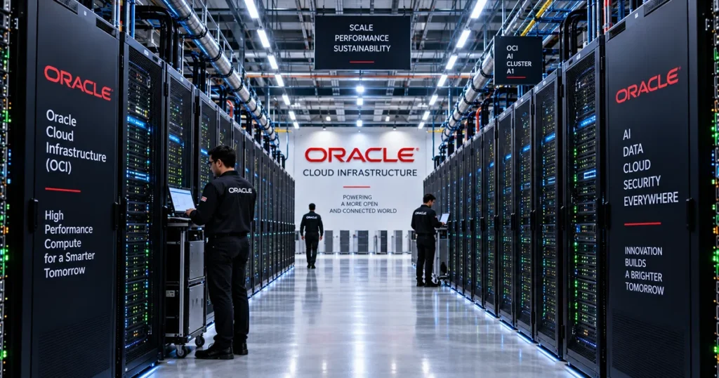 Orcl stock surges 7%: 121% cloud jump & record $664b backlog fuel q1 beat Interior corridor view of a modern enterprise cloud data center facility with server racks and industrial liquid cooling infrastructure.