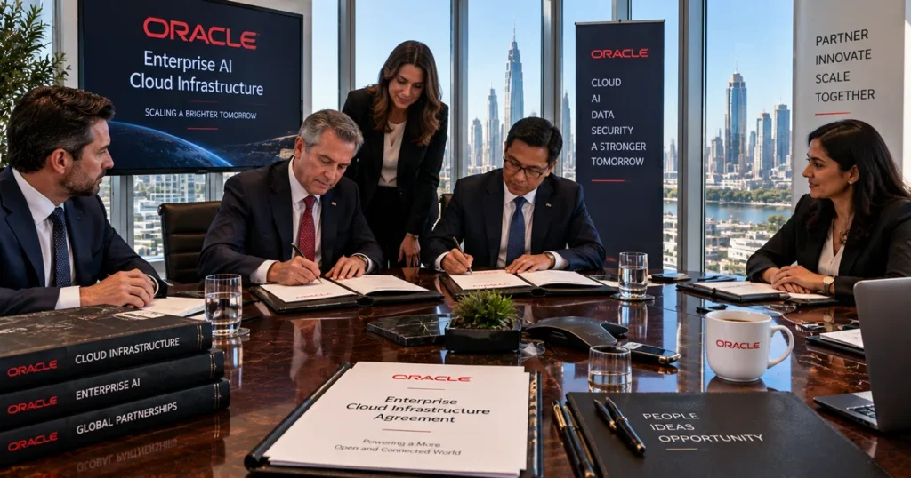 Orcl stock surges 7%: 121% cloud jump & record $664b backlog fuel q1 beat Orcl stock enterprise leaders in a high-rise conference room finalizing cloud infrastructure agreements and reviewing contract packets.