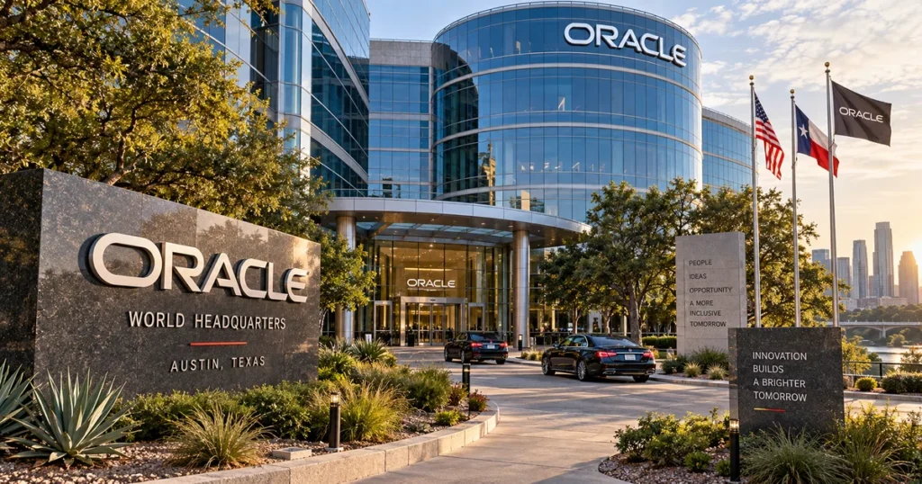 Orcl stock surges 7%: 121% cloud jump & record $664b backlog fuel q1 beat Architectural exterior photograph of oracle corporation world headquarters glass building campus in austin texas under morning sunlight.