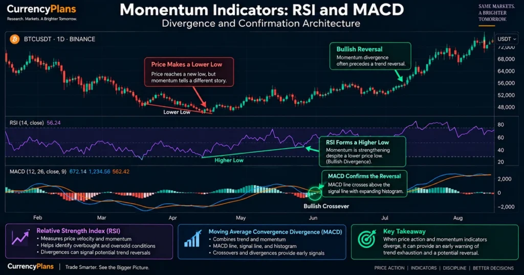 How to read a crypto price chart: the complete guide to candlesticks, support/resistance, indicators, and market structure Multi-panel technical analysis chart pairing candlestick price action with the relative strength index (rsi) and macd histogram sub-panels to illustrate divergence.