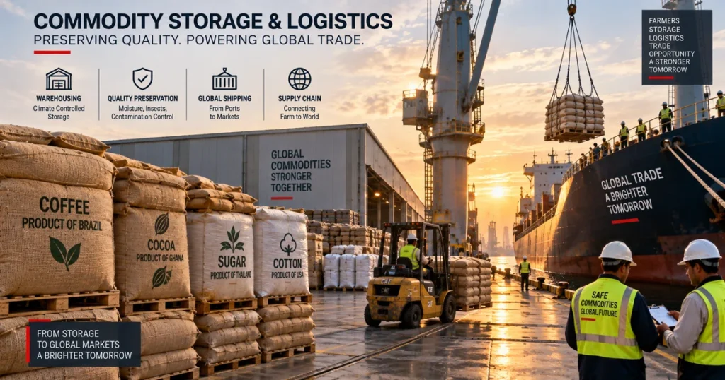 Soft commodities: the complete guide to agricultural futures, tropical crops, and market drivers Regulated port terminal storing stacked burlap bags of green coffee beans and bulk raw sugar for maritime export.