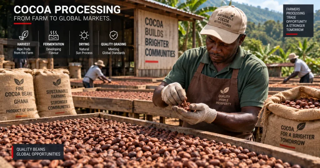 Soft commodities: the complete guide to agricultural futures, tropical crops, and market drivers Quality inspection of fermented cocoa beans spread on drying tables under tropical sunlight, representing soft commodity quality grading.