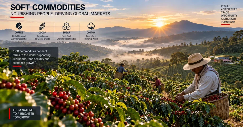 Lush high-altitude coffee plantation in south america at sunrise illustrating soft commodities cultivation and agricultural harvest.