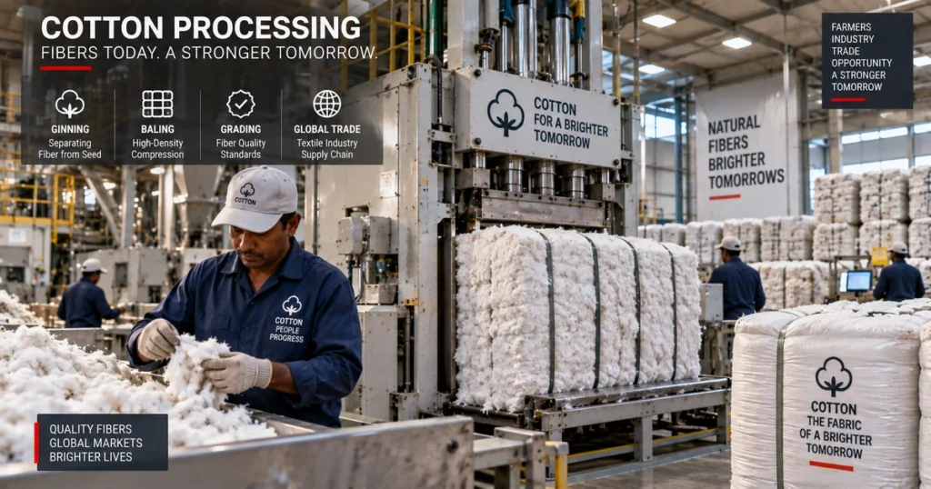 Soft commodities: the complete guide to agricultural futures, tropical crops, and market drivers High-density automated cotton baling press in a commercial ginning facility producing standardized cotton bales for global textile trade.