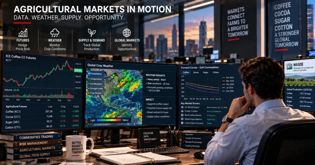 Soft commodities: the complete guide to agricultural futures, tropical crops, and market drivers Quantitative commodities desk displaying agricultural forward curves, crop weather radar maps, and usda supply reports on multi-monitor terminals.