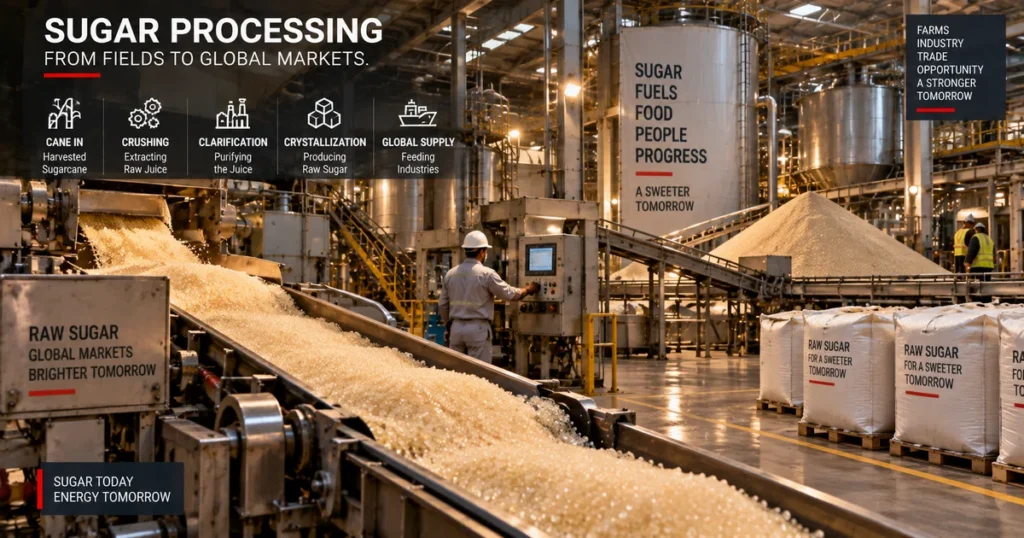 Soft commodities: the complete guide to agricultural futures, tropical crops, and market drivers Industrial sugar mill processing raw harvested sugar cane into crystallized bulk raw sugar for international export.