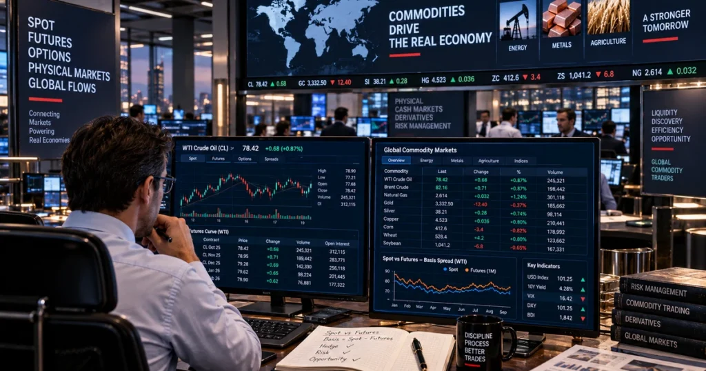 Commodity prices: how they are determined, key drivers, and futures pricing Commodity trader analyzing spot vs futures commodity prices, order books, and cash basis spreads across financial monitors.