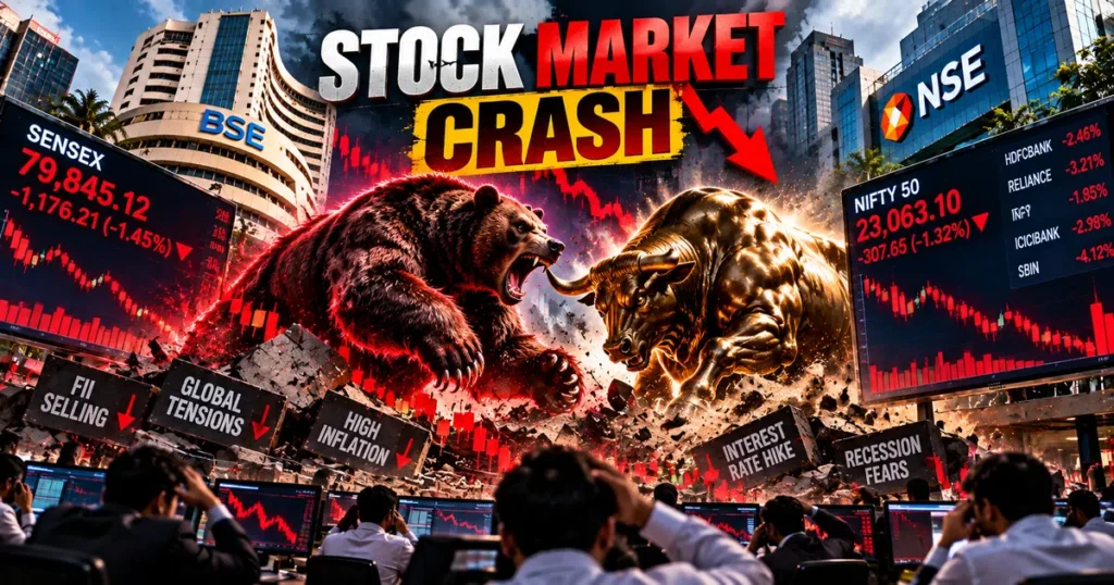 Stock market crash: why did the market fall? Sensex drops 1,248 points as nifty slides below 23,100 Stock market trading desk monitor showing a downward candlestick chart of nifty 50 and sensex during a major stock market crash.