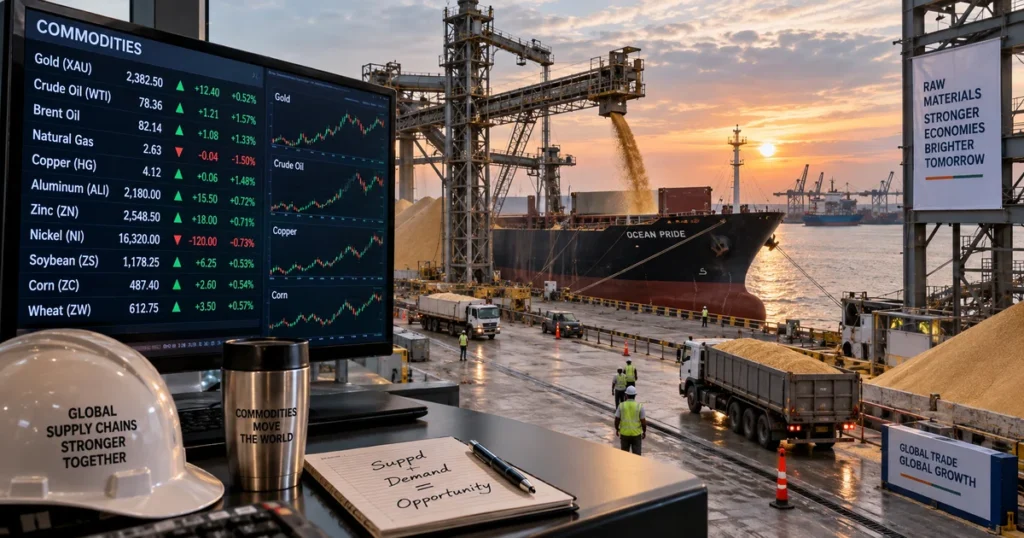 Split visualization of real-time electronic commodity market pricing displays alongside massive bulk shipping terminals moving physical raw materials.