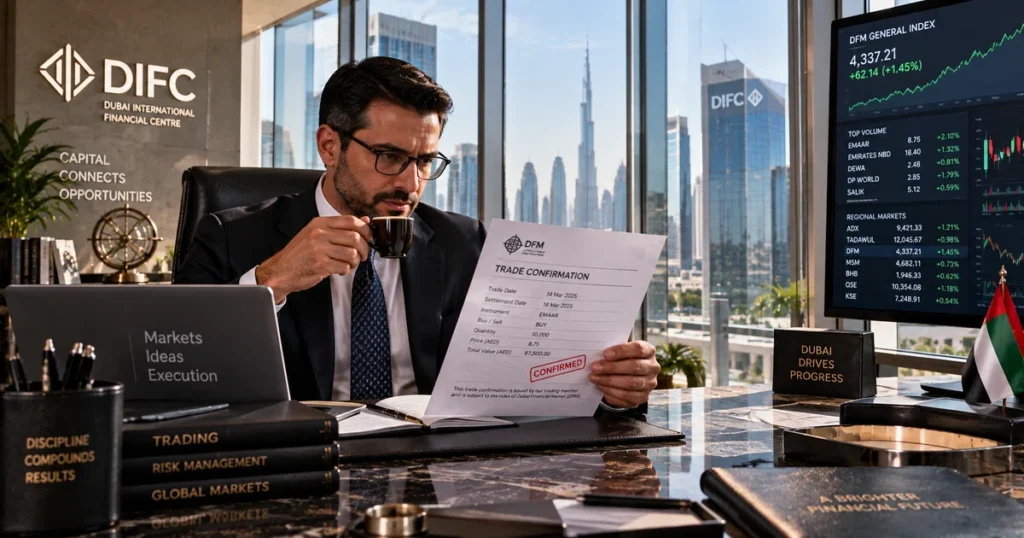 Institutional financial professional in difc dubai reviewing an official trade execution confirmation for dubai dfm securities.