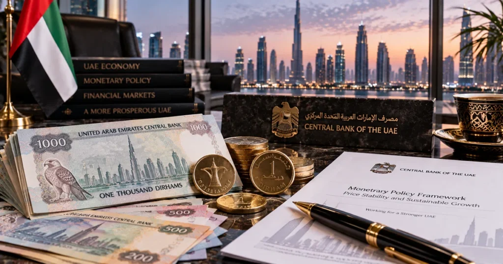Close-up of uae dirham bank notes, coins, and official central bank policy documents influencing dubai dfm market liquidity.
