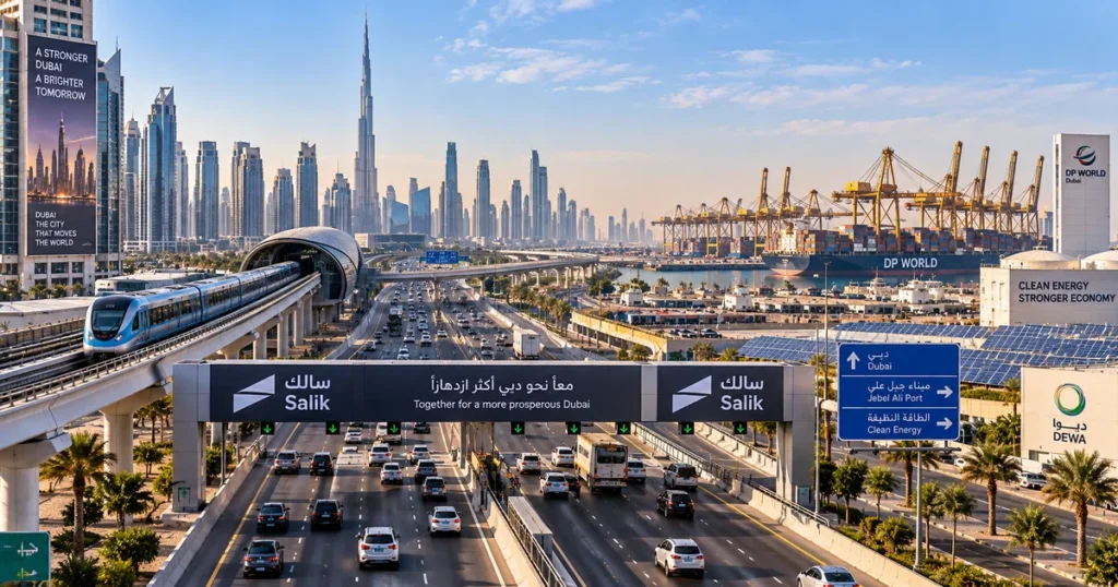 Panoramic view of dubai's commercial infrastructure representing the key gics sectors of the dubai dfm including salik tolls, logistics, and utilities.