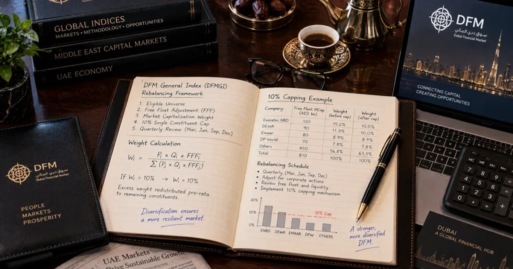 Executive desk still life with an open leather notebook displaying portfolio rebalancing notes and a 10% capping calculation for dubai dfm equities.