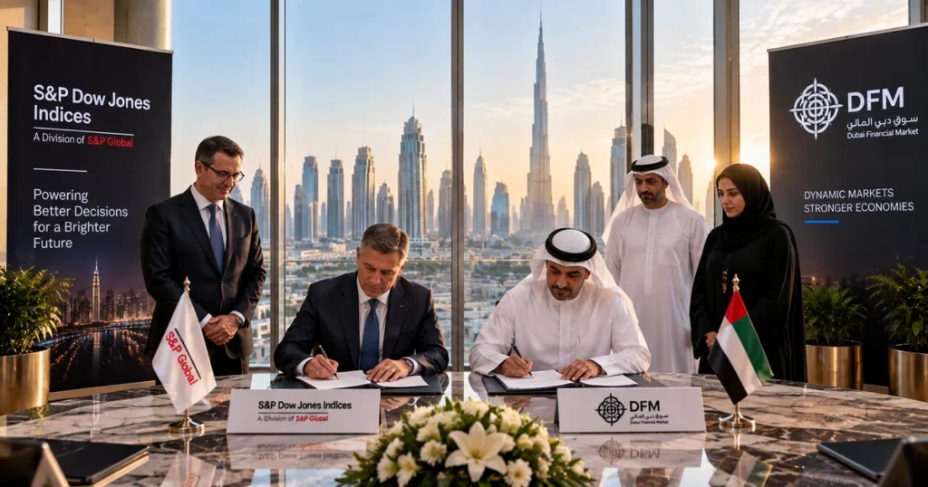 Financial executives in a high-rise dubai boardroom finalizing the index calculation partnership for the dubai dfm.