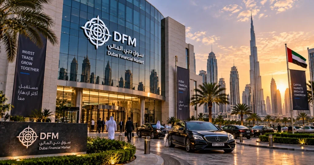 Exterior architectural photograph of the iconic dubai financial market (dfm) building at sunset with modern glass facade and palm trees in dubai.