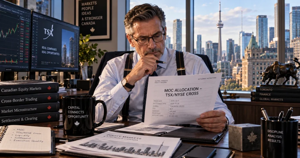 Institutional equity trader on bay street in toronto reviewing printed order routing tickets and dual-listing cad/usd trade settlement confirmations.