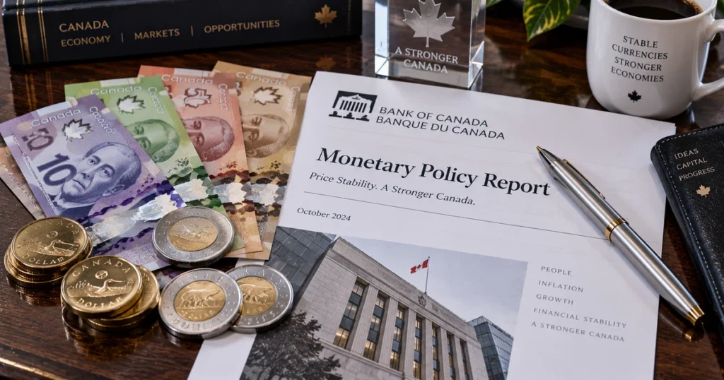 Macro photograph of colorful canadian polymer banknotes, shiny loonie coins, and official bank of canada monetary policy documents on an executive desk.