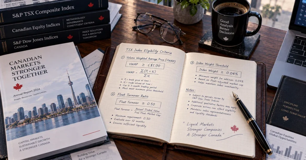 Executive desktop still life featuring an open leather notebook with handwritten tsx inclusion formulas for vwap, float turnover, and 0. 04% index weight.