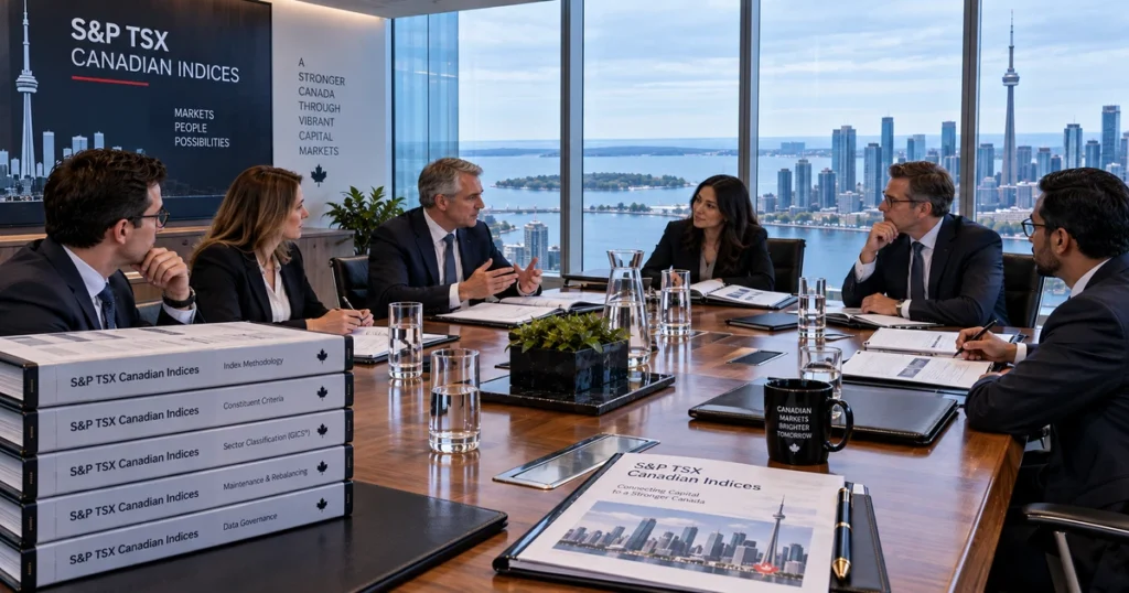 Senior canadian portfolio managers and index committee executives meeting in a downtown toronto high-rise boardroom overlooking lake ontario.