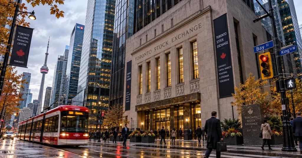 Street-level architectural view of the exchange tower in the financial core of bay street in toronto canada under overcast autumn skies.