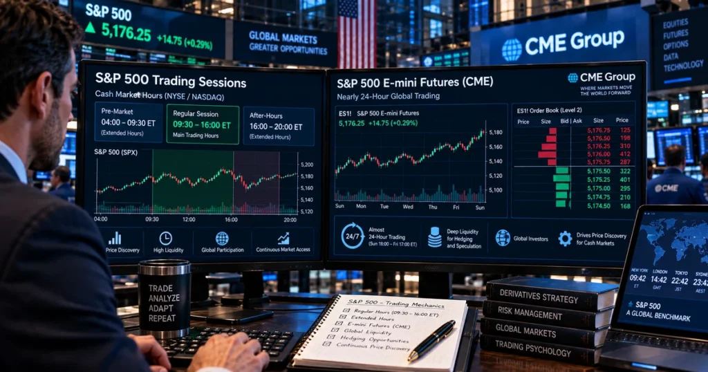 S&p 500 explained: how the index works, market-cap weighting & how companies qualify Institutional derivatives trading screen showing order book depth for s&p 500 e-mini futures and regular cash trading session milestones.