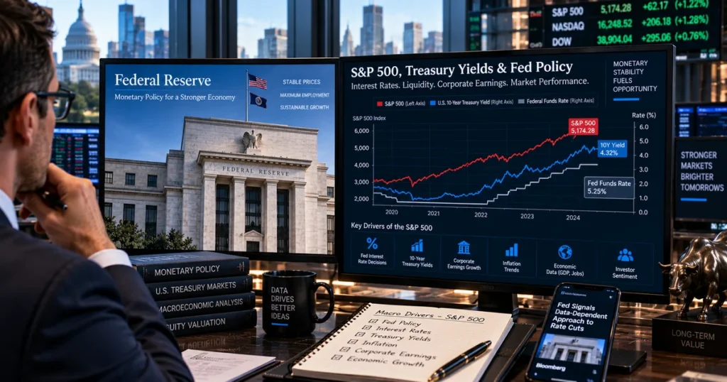 S&p 500 explained: how the index works, market-cap weighting & how companies qualify Trading terminal displaying the correlation between federal reserve interest rate projections, 10-year us treasury yields, and the usa s&p 500 index trajectory.
