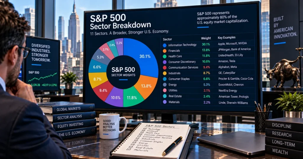 S&p 500 explained: how the index works, market-cap weighting & how companies qualify Comprehensive infographic breakdown of the eleven gics sectors making up the usa s&p 500, illustrating the weighting of information technology.