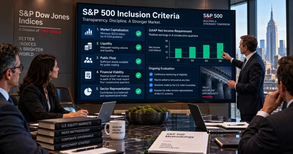 S&p 500 explained: how the index works, market-cap weighting & how companies qualify Professional boardroom screen showing the official inclusion criteria checklist for the usa s&p 500, including market cap thresholds and gaap profitability.