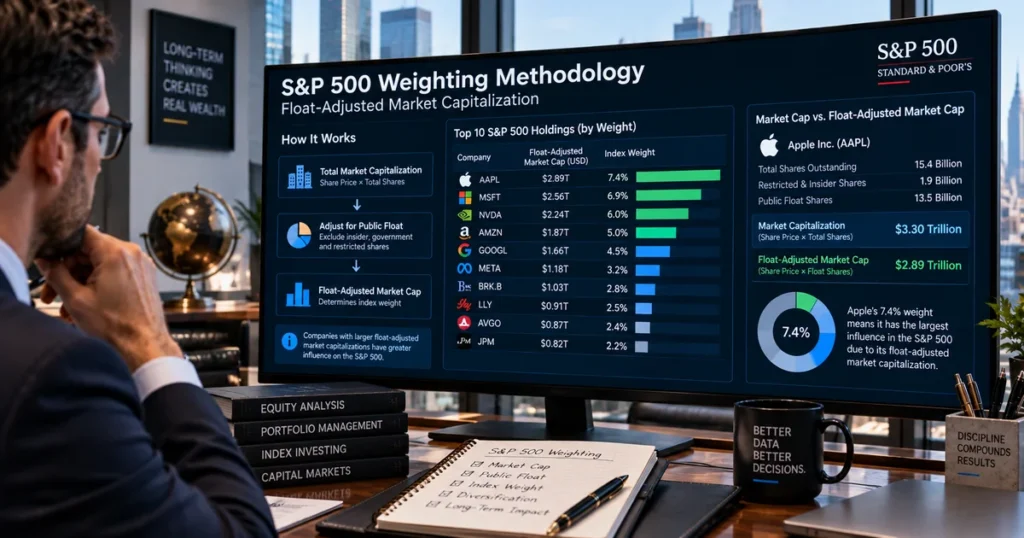 S&p 500 explained: how the index works, market-cap weighting & how companies qualify Analytical financial workstation screen illustrating how float-adjusted market capitalization weighting dictates company weightings within the usa s&p 500.