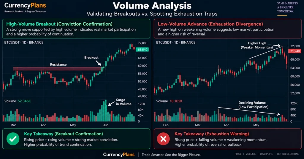 How to read a crypto price chart: the complete guide to candlesticks, support/resistance, indicators, and market structure Dual-panel financial chart contrasting a high-volume price breakout against a low-volume exhaustion advance exhibiting weaker volume confirmation.