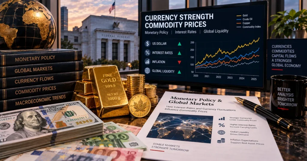 Commodity prices: how they are determined, key drivers, and futures pricing Us dollar currency banknotes and gold bullion bars explaining what determines commodity prices through global monetary transmission channels.
