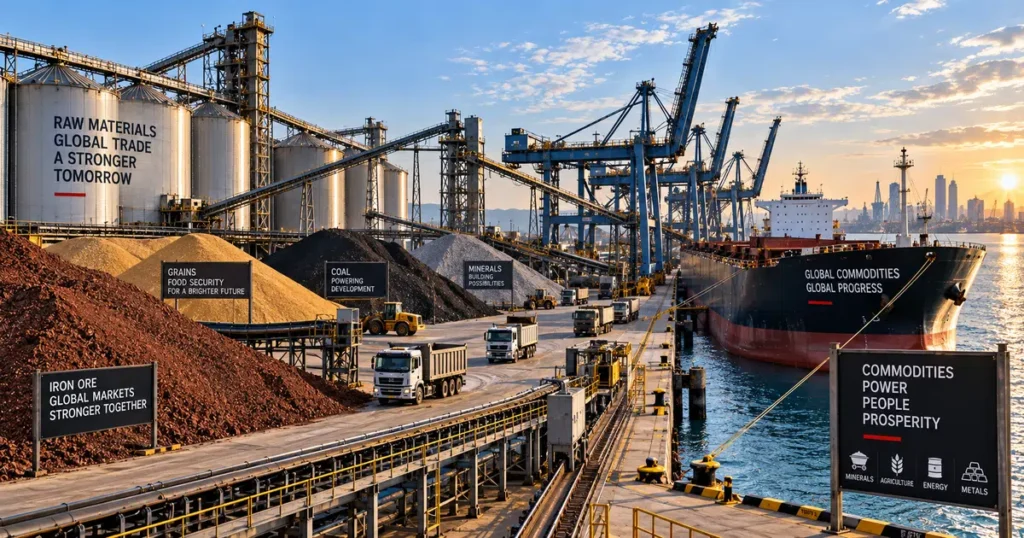 Commercial maritime logistics terminal displaying open stockpiles of iron ore, grain silos, and container facilities under clear morning daylight.