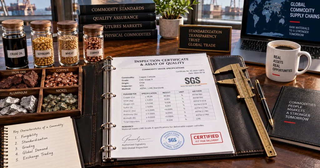 Executive desktop still life featuring open commodity assay certificates, a brass vernier caliper, and sample vials of crude oil and copper grain.