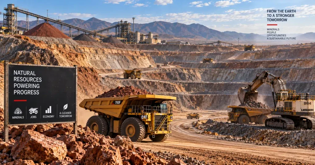 Panoramic view of an expansive open-pit copper and iron ore mine with haul trucks navigating tiered terraces under bright daylight.