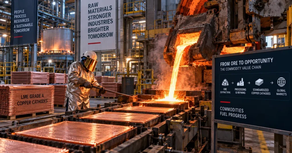 Molten copper being cast into standardized commercial cathode plates in a modern metallurgical foundry.