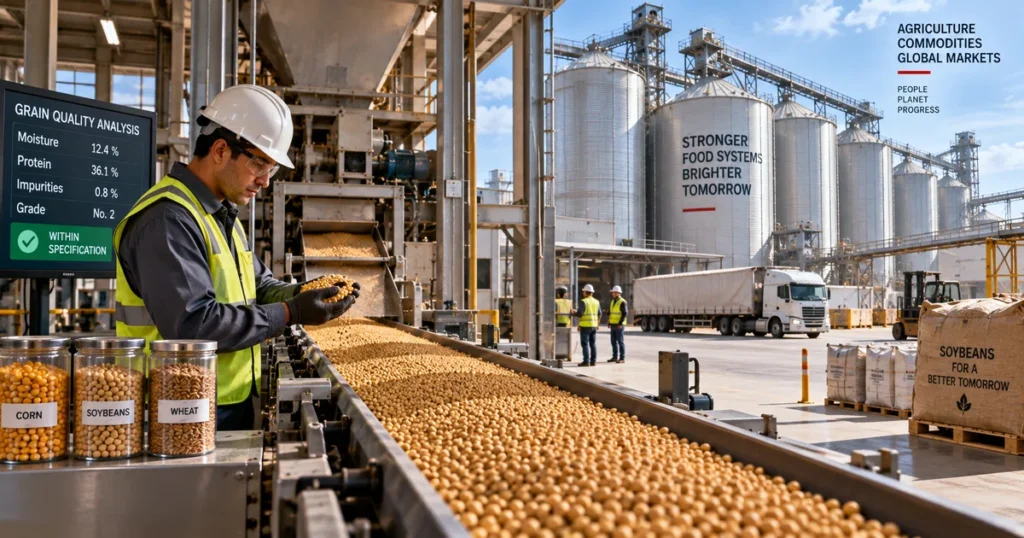 Illustrating what is a commodity, an agricultural processing facility shows automated grain conveyor belts sorting harvested soybeans and wheat kernels into storage elevators.