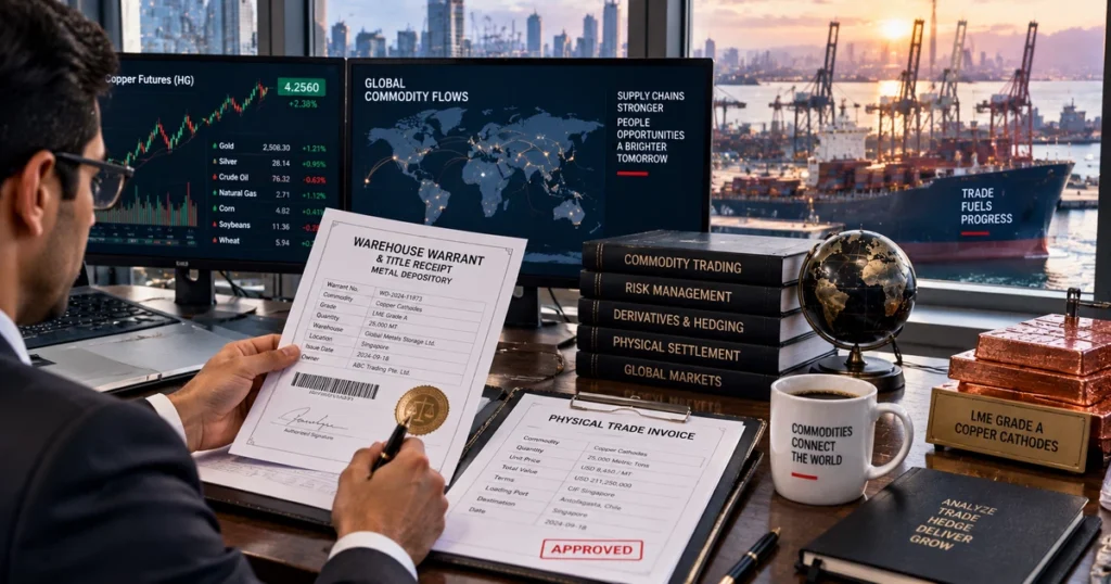 Commodity operations manager inspecting an electronic exchange warehouse warrant receipt alongside physical trade invoices on an office desk.