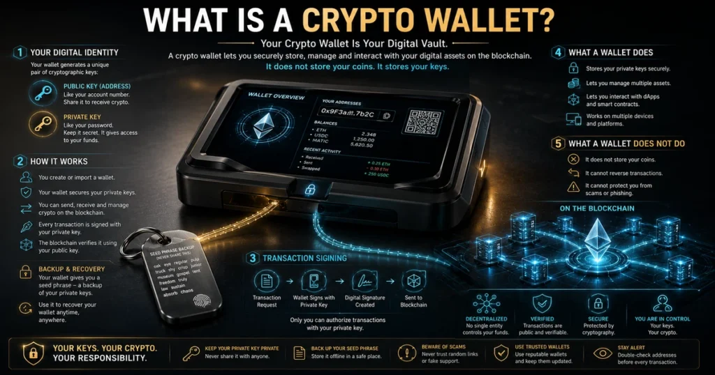 Clean flat vector illustration defining what is a crypto wallet, featuring a secure cryptographic digital vault on a warm cream background managing private keys, public addresses, and blockchain connections.