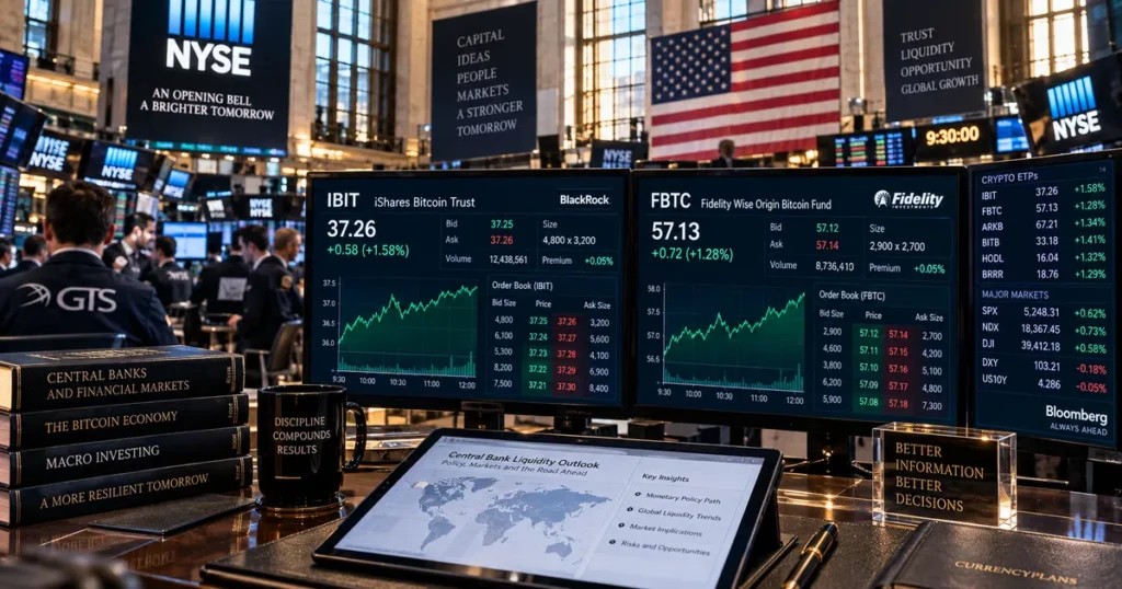 Institutional trading desk displaying live spot bitcoin etf ticker symbols, order books, and real-time market tracking across multiple bloomberg terminals.