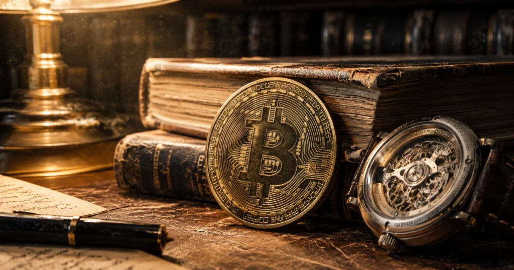 Clean flat vector illustration explaining what is bitcoin, showing a decentralized peer-to-peer network, cryptographic security, proof of work, and the programmed 21 million supply.