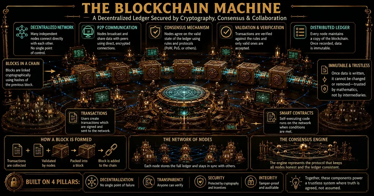Clean flat vector educational infographic explaining what is blockchain, showing cryptographically linked blocks, peer-to-peer nodes, distributed validation, and an append-only ledger architecture on a warm cream background.