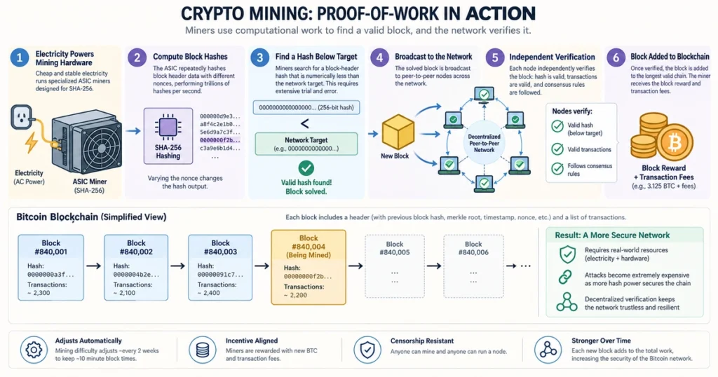 Clean flat vector infographic explaining what is crypto mining, showing proof-of-work computation, asic hardware, electricity, cryptographic hashing, and decentralized blockchain verification.