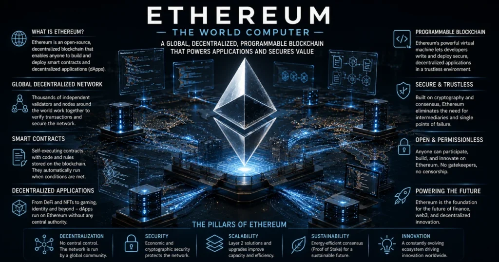 Clean flat vector illustration defining what is ethereum, featuring a multifaceted glowing crystal ethereum prism on a warm cream background surrounded by smart contract code nodes, validator shields, and layer 2 rollup pathways.