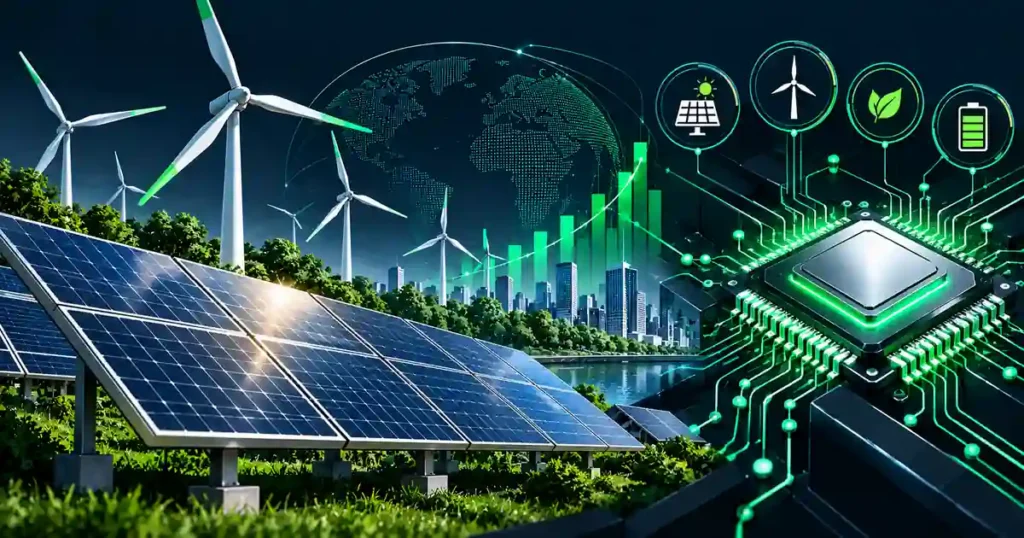 2d flat architectural illustration of futuristic green solar panels and microchip circuitry representing industrial silver demand.